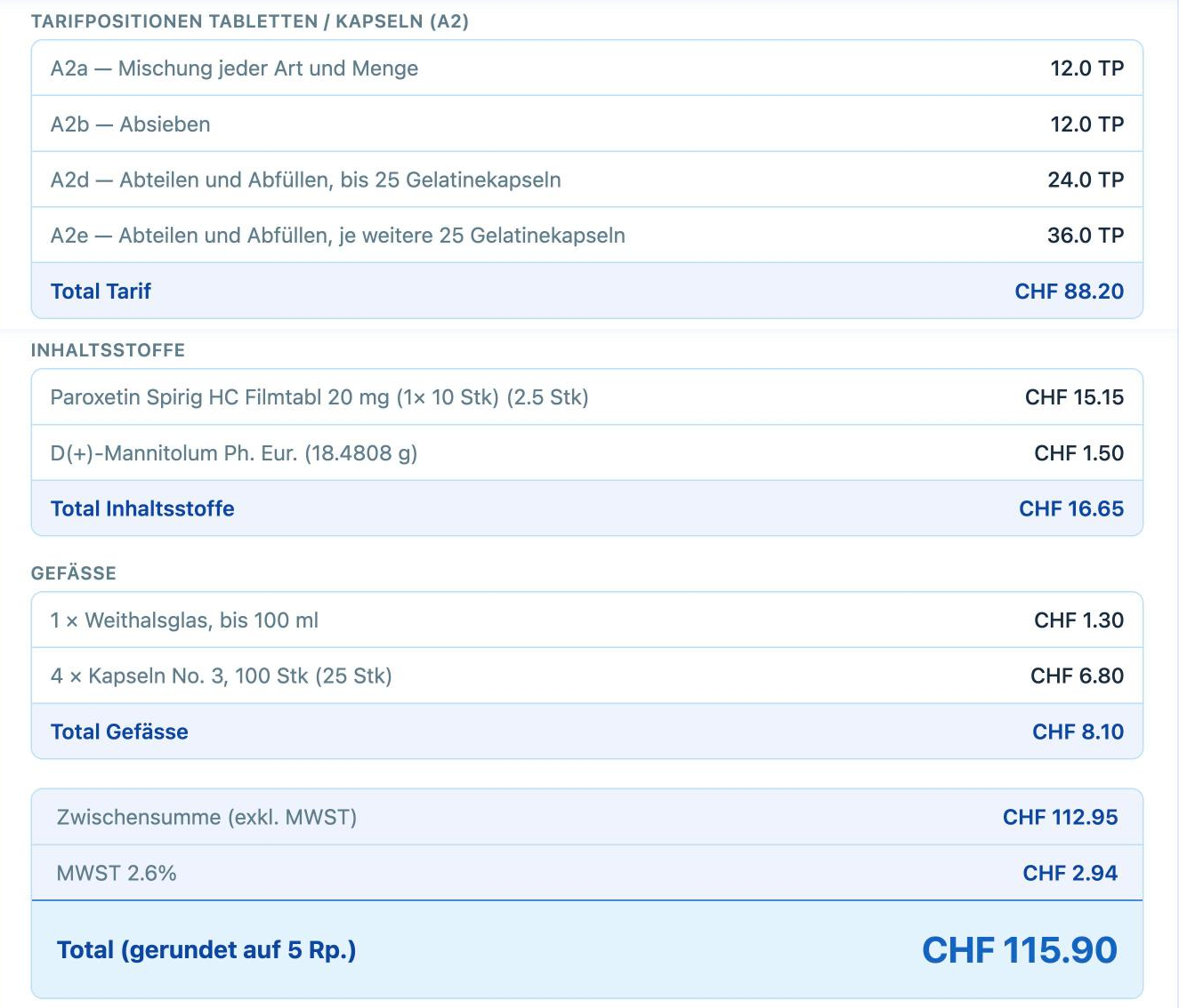 Schritt 5 in ApoTools: Tarifpositionen, Inhaltsstoffe und Gefässe
                  aufgeschlüsselt, darunter Zwischensumme, MWST und gerundetes Total.