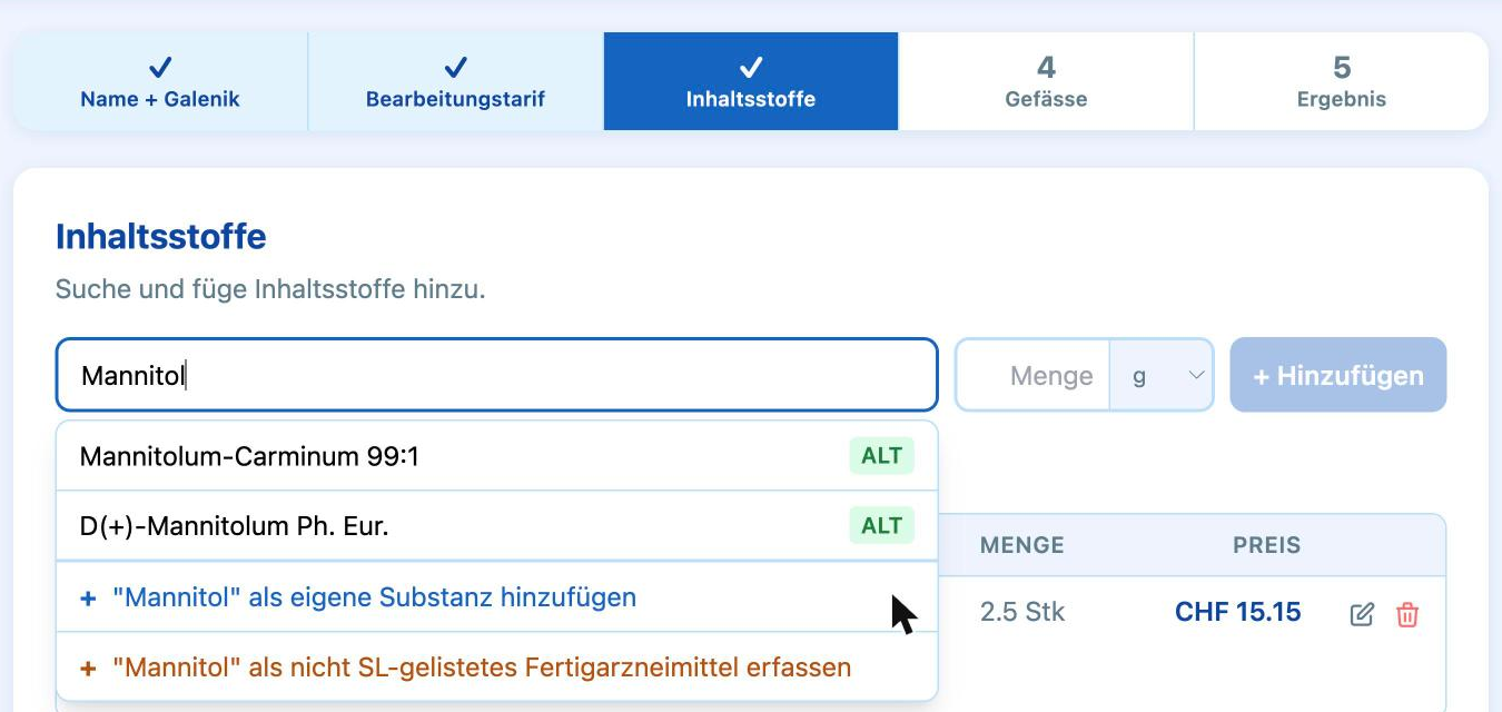 Schritt 3 in ApoTools: Substanzsuche mit Treffern aus dem ALT-Substanztarif,
                daneben die bereits erfasste Zeile mit Menge und Preis.